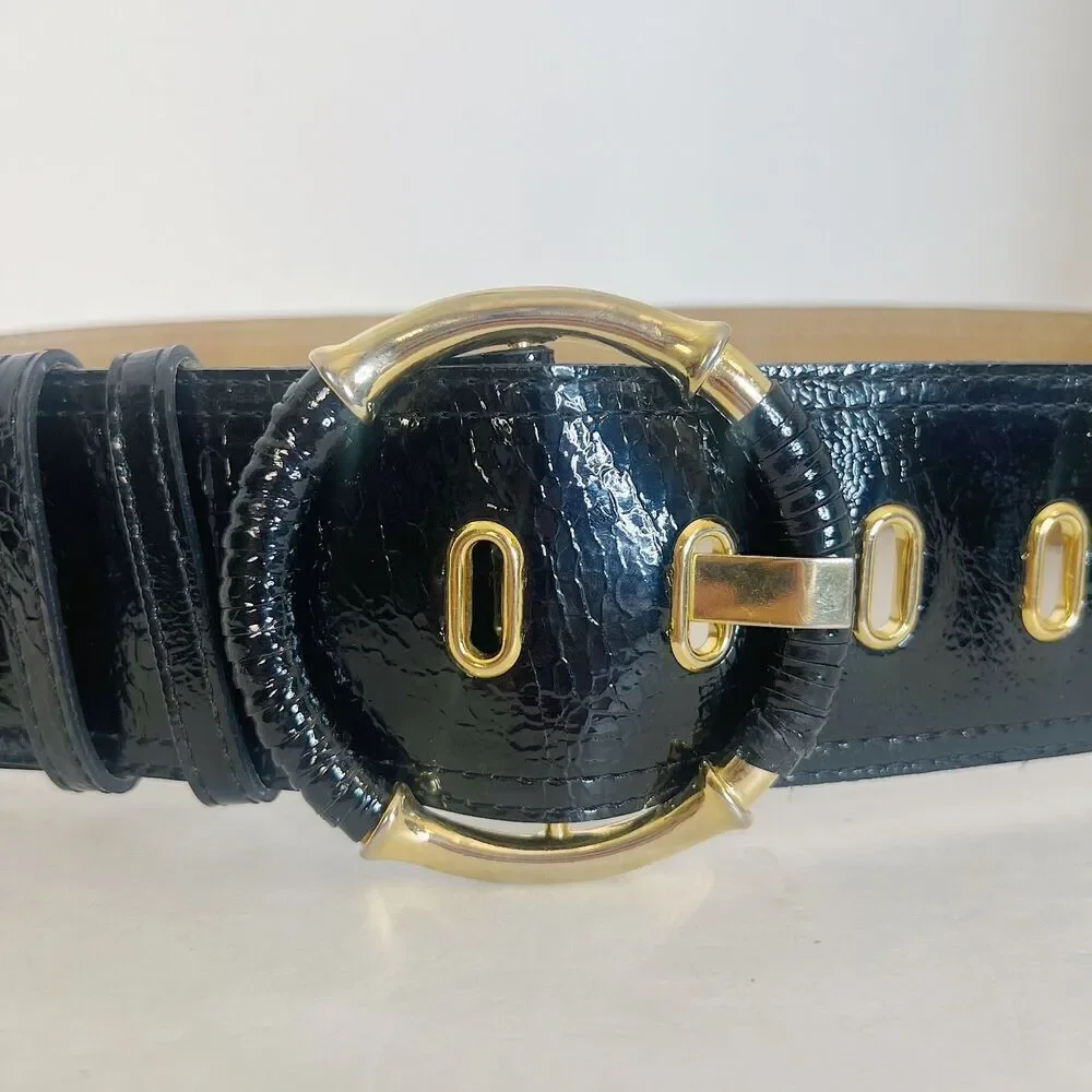 y2k Vintage Black Patent Leather Chunky Waist Belt Dress Belt Size 32 Boho